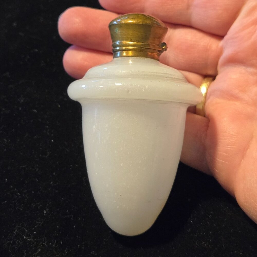 Antique Rare White Opaline Glass Egg Shape Perfume Flask Scent Chatelaine hinged